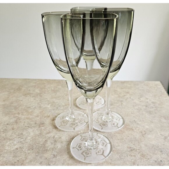 Smoke Grey Wine Water Glasses 9.5" frosted etched snowflake winter holiday 4pc - Picture 11 of 13